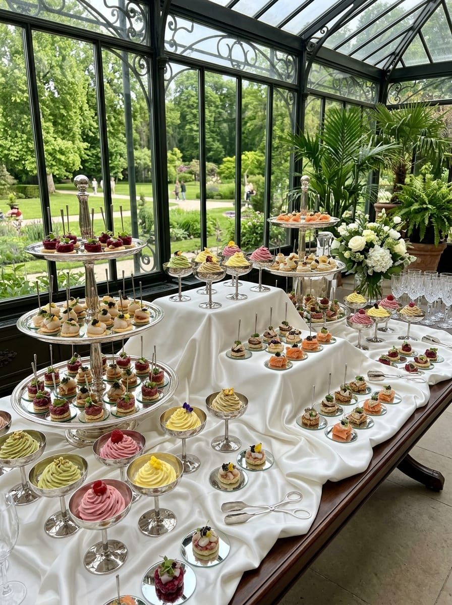 Avant-garde-henkinen cocktailcatering-esillepano, jossa on pastellivärisiä mousseja ja minimalistisia cocktailpaloja peilitarjottimilla