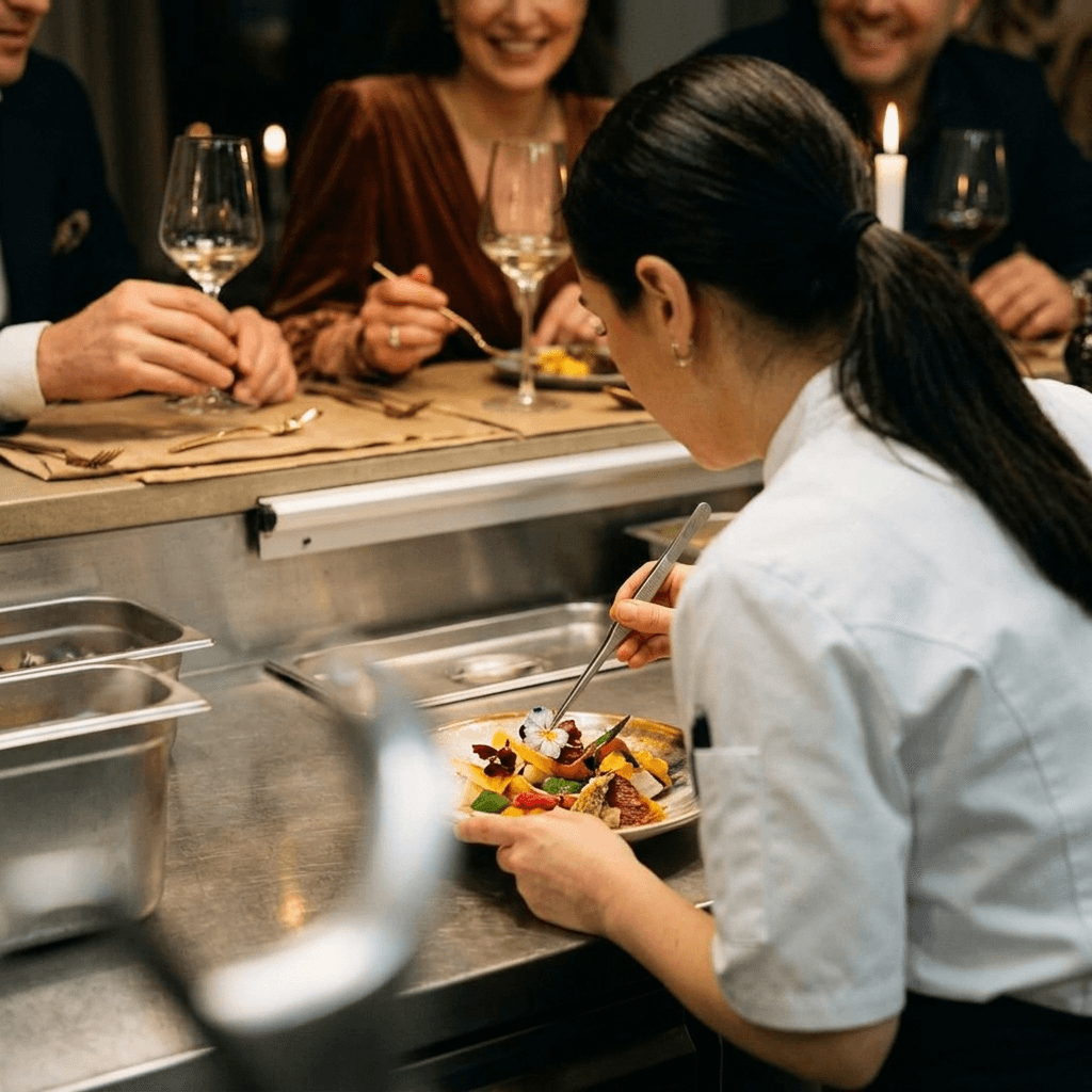 An exclusive Chef's Table experience with elegant plating in front of guests