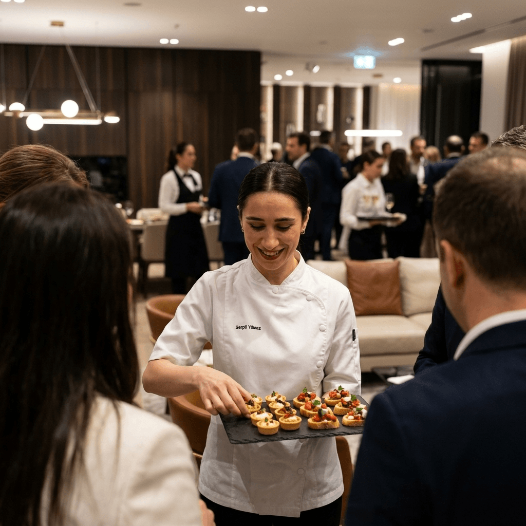 Chef Serpil preparing a fresh corporate catering spread