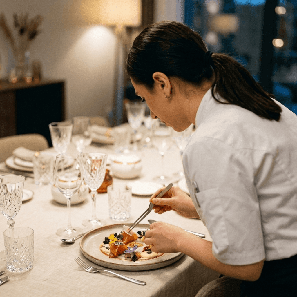 Chef Serpil plating an elegant dish at the dining table