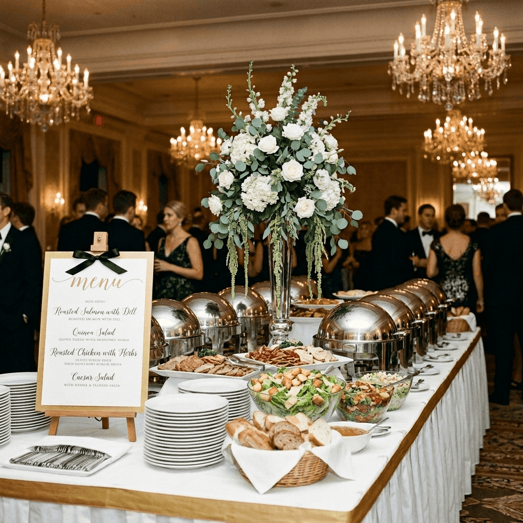 An elegant wedding catering table set with a fresh Caesar salad